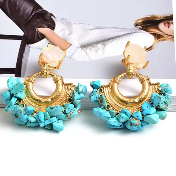 Gold and Turquoise Statement Earrings - Picture 3 of 8